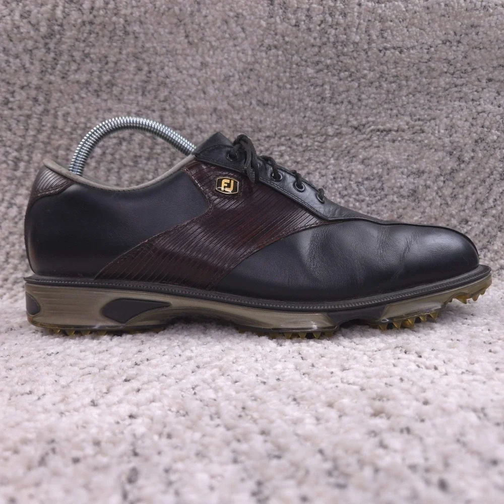 FootJoy DryJoys Tour Golf Shoes Mens Size 9 Black Brown Leather Lace Up Spikes